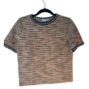 ZARA Tweed Short Medium Sleeve Top With Pearl & Bead Trim Multicolor
